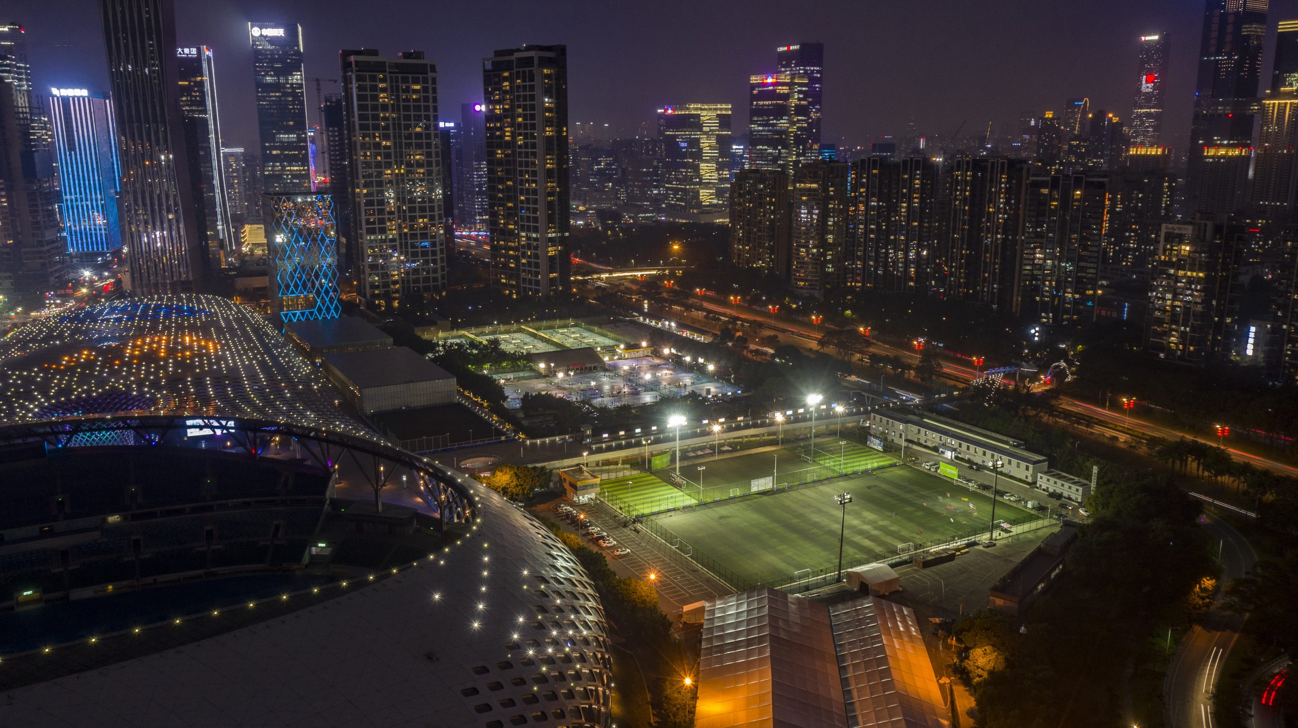 Drone photography Shenzhen China, stadium in the evening. Photographer Tuomas Harjumaaskola.